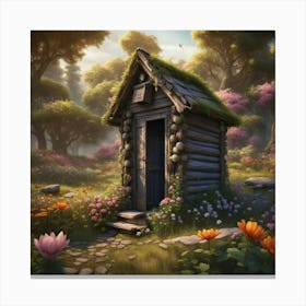 Old Country Outhouse with Flowers and Trees Canvas Print