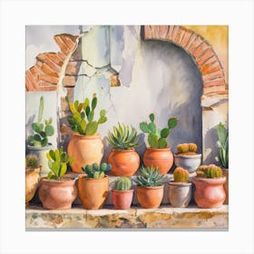Watercolor painting of an old, weathered wall with cracked stone and peeling paint. The background features various sizes and shapes of terracotta pots on the shelf below. Each pot is filled with vibrant cacti or succulents, 3 Canvas Print