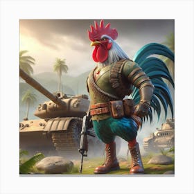 Rooster In Front Of Tanks Canvas Print