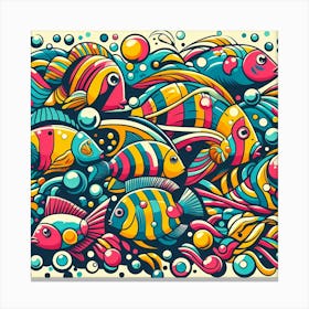 Colorful Fishes And Bubbles Canvas Print