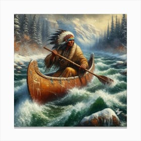 Oil Texture Native American Indian Canoeing 5 Canvas Print