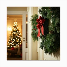 Christmas Wreaths Adorn A Shelf Positioned On One Side Of A Door Opposite A Lush Christmas Tree Ex Canvas Print