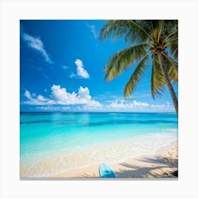 A Sunny Beach In A Tropical Paradise Palm Trees Bending Slightly Above The Turquoise Waters Edge (6) Canvas Print