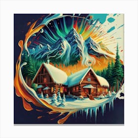 Abstract painting of a mountain village with snow falling 34 Canvas Print
