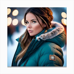 Beautiful woman in down jacket winter background Canvas Print
