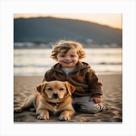 Little Boy With Dog On The Beach Canvas Print