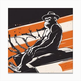 A Silhouette Of A Ape Wearing A Black Hat And Laying On Her Back On A Orange Screen, In The Style Of Canvas Print