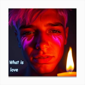 Low Angle Portrait, Warm Candlelight Illuminating An Androgynous Face With Contrasting Neon Lights, Pinks, Oranges, Blues, And Purples Conveying Joy And Sadness Canvas Print