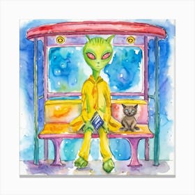 Watercolor Illustration Of A Yellow Alien With Cat Eyes Sitting Inside A Bus Stop Designed With Whi Canvas Print