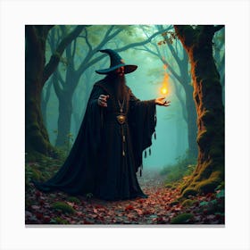 Black Magic Sorcerer Casting Spells In A Colorful Forest 1 Canvas Print