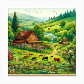 Farm House With Cows Canvas Print