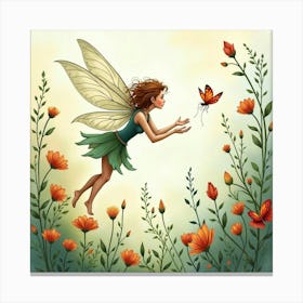 Graceful Fairy In A Magical Garden, Watercolor 1 Canvas Print