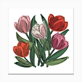 Red & Pink Tulips Square Canvas Print