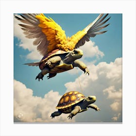 Tortoise Soaring Higher And Higher With Feather Attached To His Shell Canvas Print