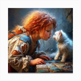 Little Girl Kissing A Cat Canvas Print