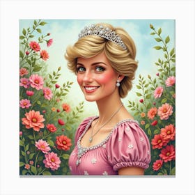 Smiling Princess Diana With A Rich Watercolor Garden Full Of Flowers Canvas Print