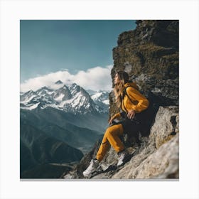 Woman Sitting On A Mountain Canvas Print