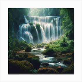 A majestic waterfall flowing through a lush rainforest1 Canvas Print