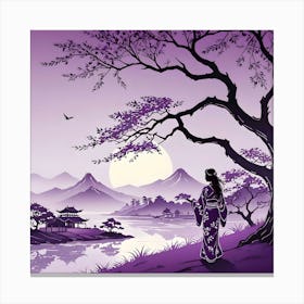 Chinese Landscape with Silhouette of Woman Under a Tree, Purple Canvas Print