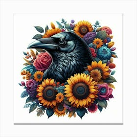 Crow And Sunflowers Canvas Print