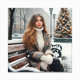 Beautiful Girl Sitting On A Bench In Winter Canvas Print
