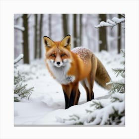 A Fox In The Snow In The Middle Of The Forest Canvas Print