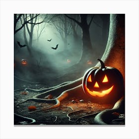 Glowing Jack-o’-Lantern: A Spooky Pumpkin Illustration in a Misty Forest Canvas Print