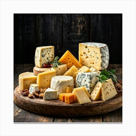 An Artisan Cheese Platter Set Against A Rustic Wooden Board Showcasing An Array Of Different Cheese Canvas Print