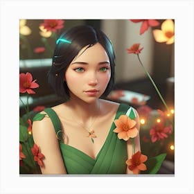 Asian Girl With Flowers Canvas Print