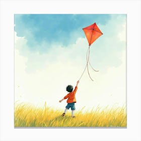 Japanese Boy Flying A Kite In An Open Field, Vibrant Colors And Soft Winds, Watercolor Painting Canvas Print