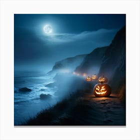 Ghostly Jack O Lanterns Glowing Eerily Beside A Winding Coastal Path Mist Hovering Over The Ocean (4) Canvas Print