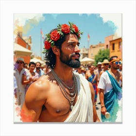 Enchanting Greek Man In Watercolor, Surrounded By The Vibrant Colors Of A Traditional Festival 1 Canvas Print