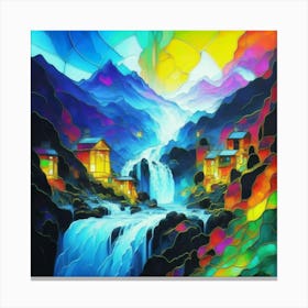 Abstract art stained glass art of a mountain village in watercolor Canvas Print