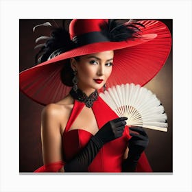 Asian Woman In Red Dress With Fan Canvas Print