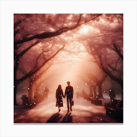 Couple Walking Under Cherry Blossoms Canvas Print