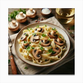 "A Rustic Italian Delight: A Sumptuous Symphony of Creamy Fettuccine, Tender Mushrooms, and Aromatic Herbs, Bathed in the Warmth of a Tuscan Sunset Canvas Print