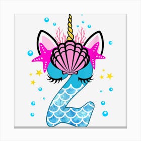 2nd Birthday Girl Unicorn Mermaid 2 Years Old Canvas Print