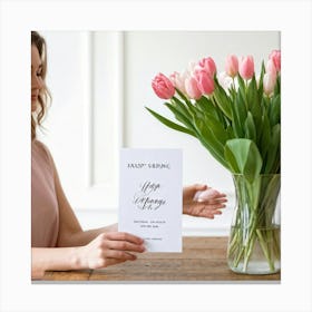 A Minimal And Decorated Nature Inspired Invitation Card A Woman In A Pastel Pink Top Is Gently Layi Canvas Print