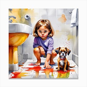 Little Girl And Dog In Bathroom Canvas Print