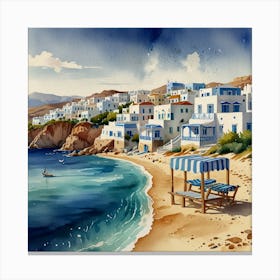 Watercolor Of A Greek Village.Summer on a Greek island. Sea. Sand beach. White houses. Blue roofs. The beauty of the place. Watercolor. 1 Canvas Print