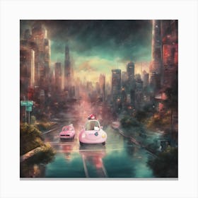 Hello Kitty Pink Car On The Road Canvas Print