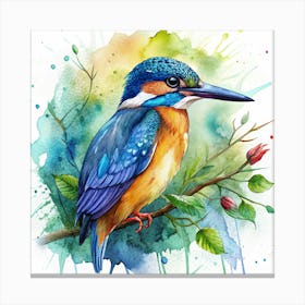 Watercolor Kingfisher Perched On Branch Canvas Print