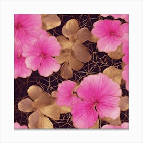 Seamless Pattern Of Elegant Geranium Floral Motifs In Pink, Adorned With Gold Lines 1 Canvas Print
