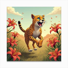 Cheetah Running Through Lilies 1 Canvas Print