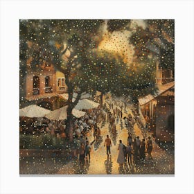 Street Scene At Dusk, Tiny Dots, Pointillism Canvas Print