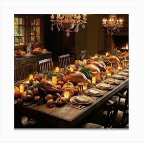 A Beautifully Prepared Thanksgiving Banquet Seated Under The Warm Glow Of Recessed Lighting In A Rus Canvas Print