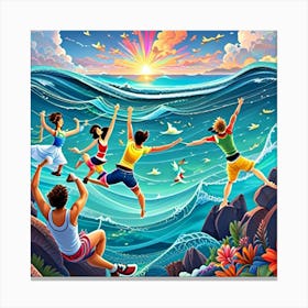 Happy People Jumping In The Ocean Canvas Print