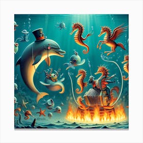 Seahorses And Dolphins Canvas Print