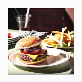 Hamburger And Fries On A Table Canvas Print