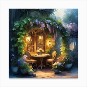 Quiet and attractive dining nook, overgrown flowers, high quality, detailed, highly 3D, elegant carved cart, 21 Canvas Print
